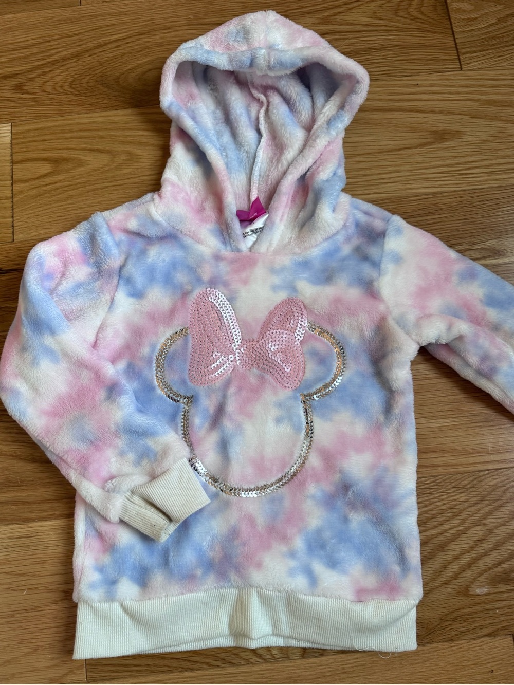 Disney Girls Plush Hoodie with Sequin Minnie Bow - Pink, Blue, White